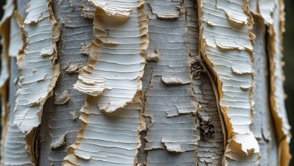 Close-up of textured bark with peeling layers as a nature backdrop