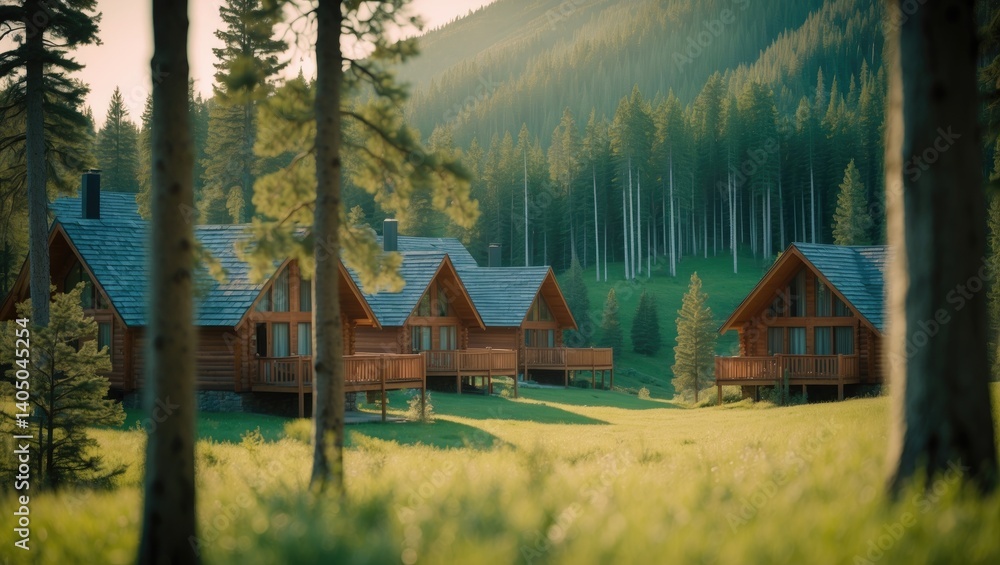 Poster tall trees envelop the lodges, contributing to a calm atmosphere in the surroundings.
