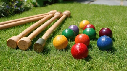 Croquet Mallets and Colored Balls on Green Grass