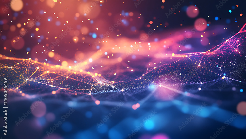Poster abstract network connections with glowing dots on colorful background