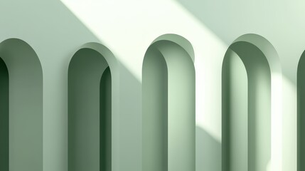 Exploration of soft pastel green geometry with cylindrical and arch shapes presenting a calm, modern aesthetic for eco-friendly and cosmetic designs