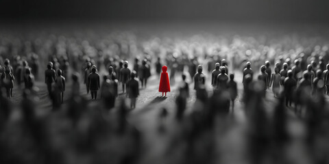 Red figure stands out among grayscale crowd, symbolizing individuality, uniqueness, or standing apart from the norm