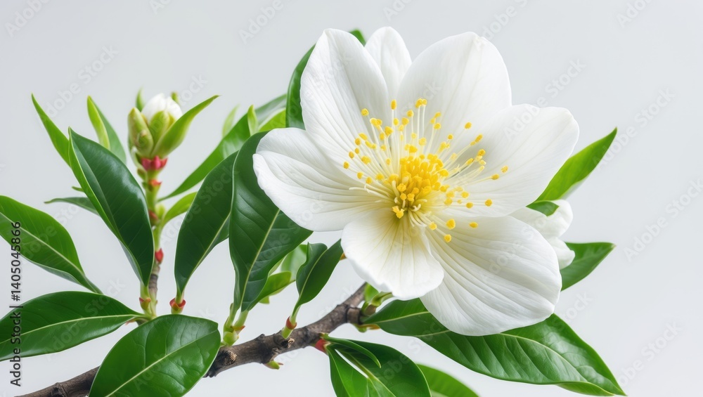 Poster close-up macro image of a green branch from a tea tree with yellow blossoms on a white background, s