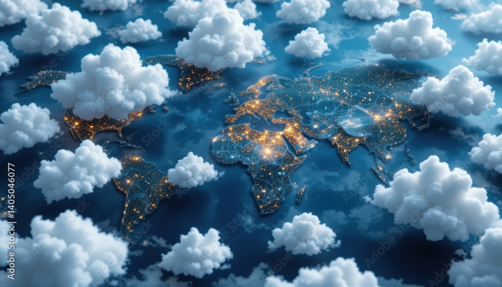 Poster global data cloud network isometric view of illuminated continents & clouds