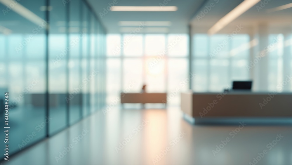 Poster blurred light background featuring the lobby of an office or medical facility with windows and persp