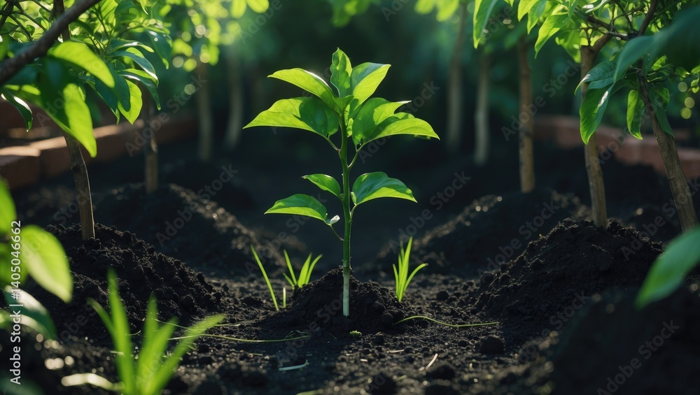Poster close-up of a pomelo tree in a garden with a black soil backdrop and ample space. the idea of nature