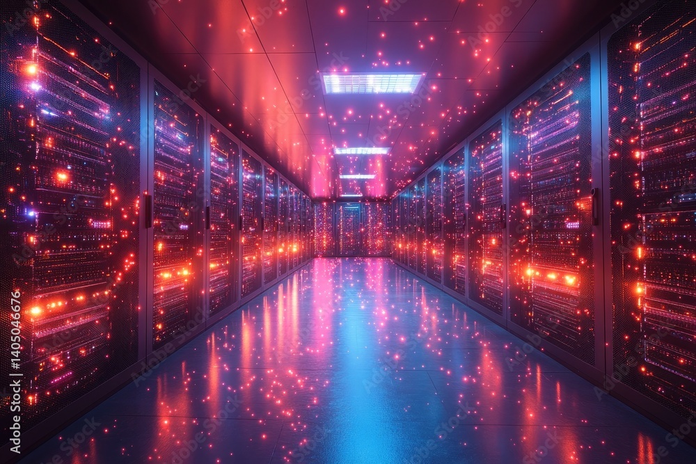 Poster a high tech data center with multiple server racks displayed