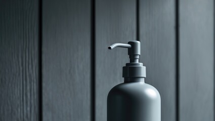 Obraz premium Detailed shot of a gray soap dispenser mounted on a wooden wall in a bathroom decor. Shallow depth of field highlights the pump head.