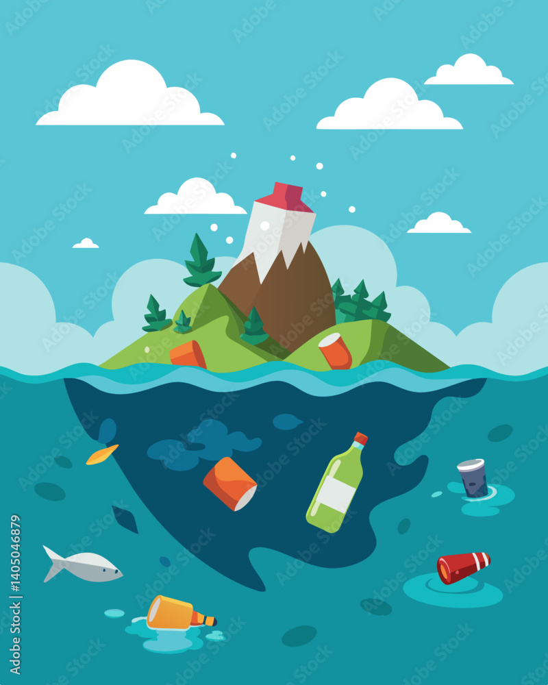 Poster a perilous island of trash bobbing in the waves made up of cans bottles and other nonbiodegradable m