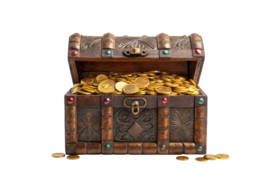 Vintage treasure chest overflowing with gold coins, perfect for creative projects and designs related to adventure themes