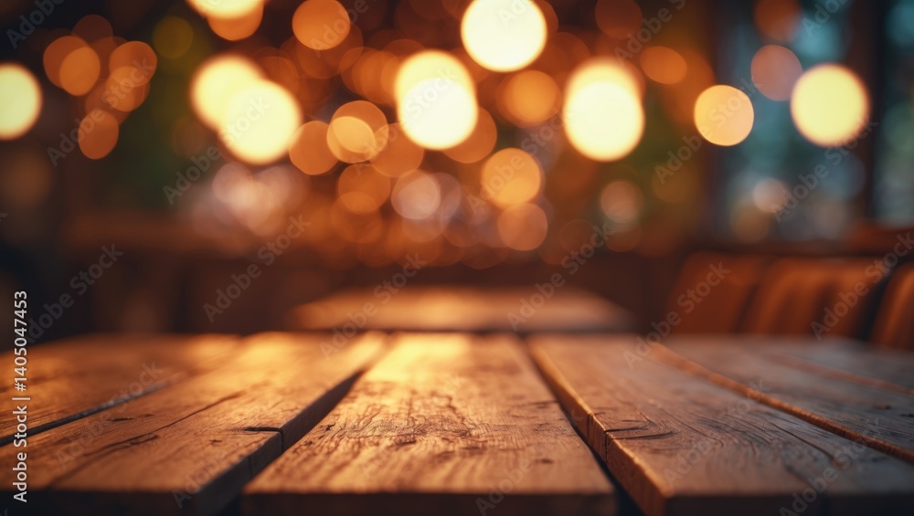 Poster Wooden table platform with a bokeh effect background of a bar restaurant. Ideal for product display or montage. Space mockup.