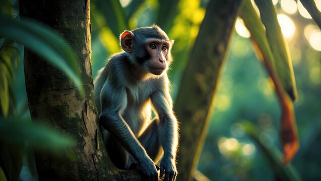 Alpha monkey of Madras gray langur observing. Vision impairment in the left eye.