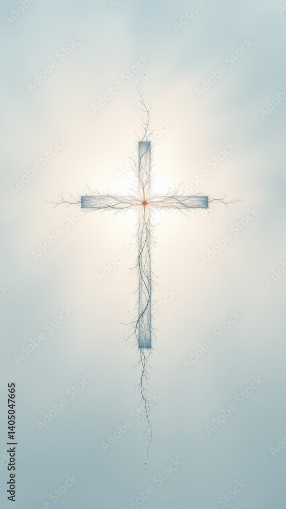Poster a digital illustration featuring a christian cross with rays of light emanating from behind it again