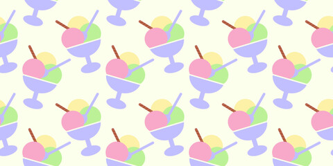 Multicolored Ice Cream scoops with cookie tube in ice cream bowl Seamless Pattern Promo Background