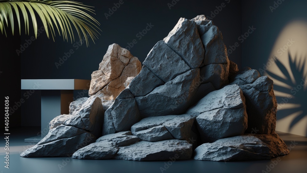 Poster studio environment, unoccupied display space with stage stand and lighting, shadow of palm leaf on w
