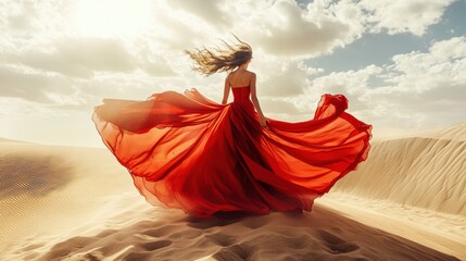 Red gown dances in the desert wind.