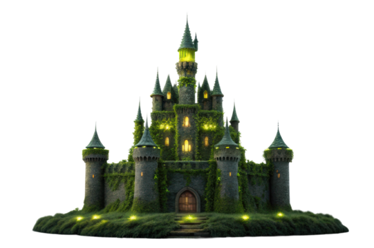 Magical castle under enchanting lights surrounded by lush greenery for fantasy design and storytelling
