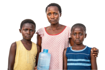 Family holding water container while looking serious in a rural setting reflecting on water scarcity issues