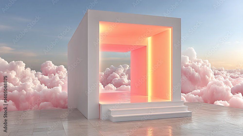 Poster a minimalist, glowing white cube structure on a cloud-filled platform