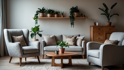 Bright living room featuring an armchair, sofa, table, and dresser