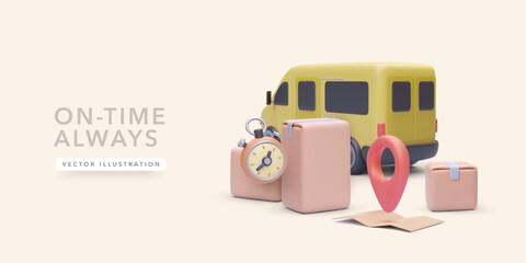 On-Time Delivery Concept With 3d Stopwatch, Cargo Van, Packages, And Location Marker For Fast And Reliable Courier Or Logistics Service. Vector Illustration. © bs_k1d