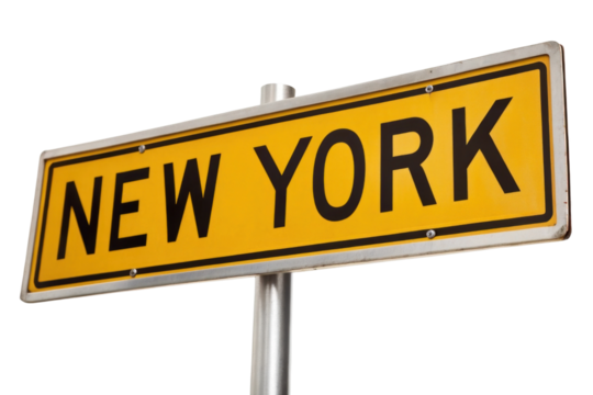 New York city road sign displayed prominently against a clear blue sky, symbolizing vibrant urban life and travel