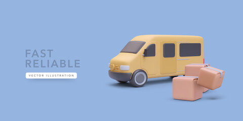 3d Delivery Van With Cardboard Boxes Representing Fast And Reliable Shipping, Courier Service, And Last Mile Logistics On Blue Background. Vector Illustration.