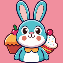 Obraz premium Cartoon Rabbit Surrounded By Delicious Cupcakes On A Soft Pink Background