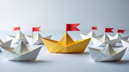Naklejka premium Concept of leadership. A Red flag Origami Yellow Paper boat steering the rest of the boats. One leader navigates other ships.