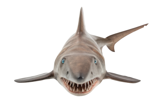 Shark swimming toward the viewer with sharp teeth and captivating blue eyes