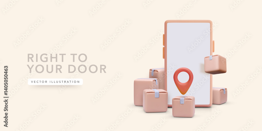 Poster delivery boxes with location pin and smartphone representing mobile shipping and courier app service