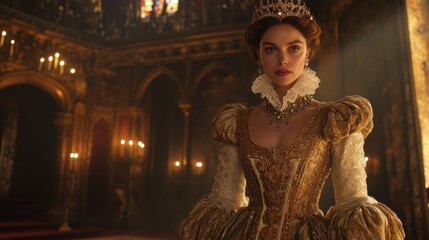 Fototapeta premium Regal woman in ornate 17th-century attire.