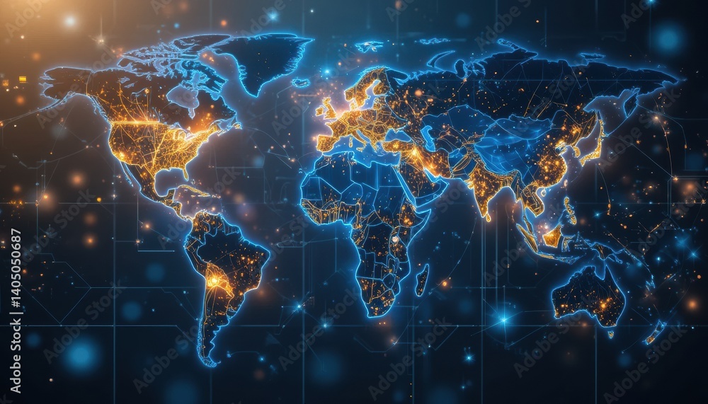 Poster global cryptocurrency network a futuristic high-tech world map visualization of decentralized financ