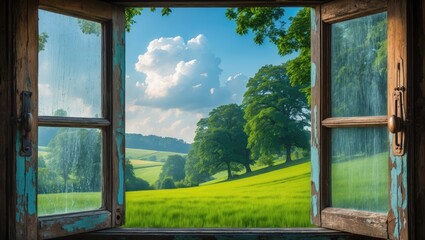 Glass window featuring a wooden frame