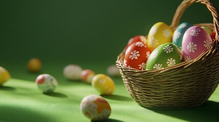 Colorful Decorated Easter Eggs Near Wicker Basket on Green Surface with Minimalistic Composition and Soft Natural Lighting