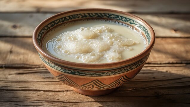 Shubat made from camel milk on a wooden backdrop