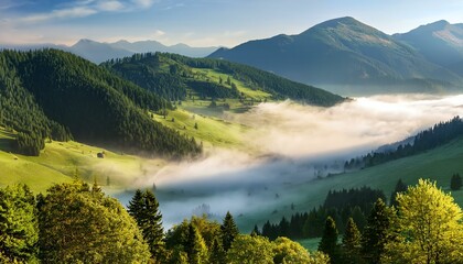 Obraz premium Breathtaking view of misty mountains and lush green hills under a clear sky.