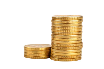 Golden coins stacked neatly on a white surface for financial themes and economic concepts