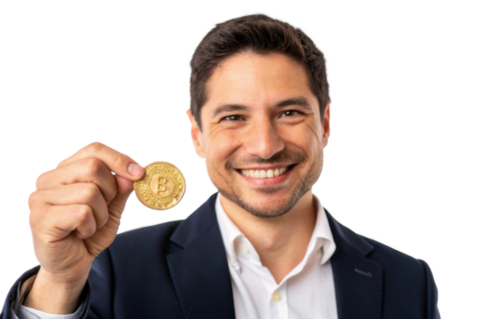 Smiling businessman showcases a cryptocurrency coin with enthusiasm during a financial discussion at a corporate event