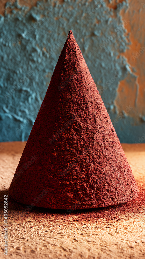 Poster red powder cone on textured surface, against a blurred teal and orange background. showcase display 