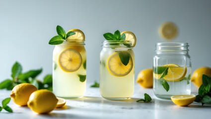 Fototapeta premium Clear glass of lemon detox infused water on white background.