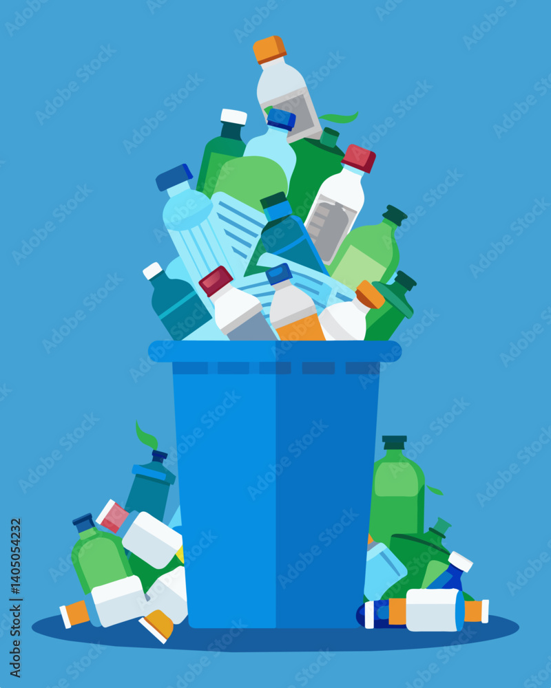 Poster a mountain of plastic water bottles piled up by the trash bin all used and disposed of after just on