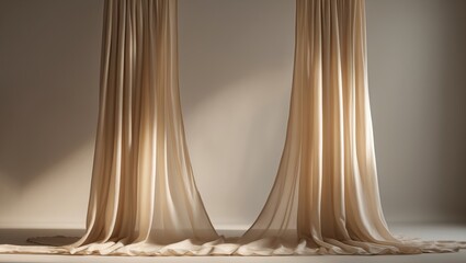 Straight-hanging long beige curtain with wide tails on a background