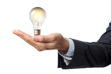 Innovative idea symbolized by a business professional holding a glowing bulb in hand for creative concepts and inspiration