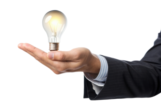 Innovative idea symbolized by a business professional holding a glowing bulb in hand for creative concepts and inspiration