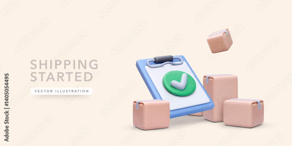 Poster shipping confirmation with falling boxes and clipboard check mark symbolizing the start of parcel de