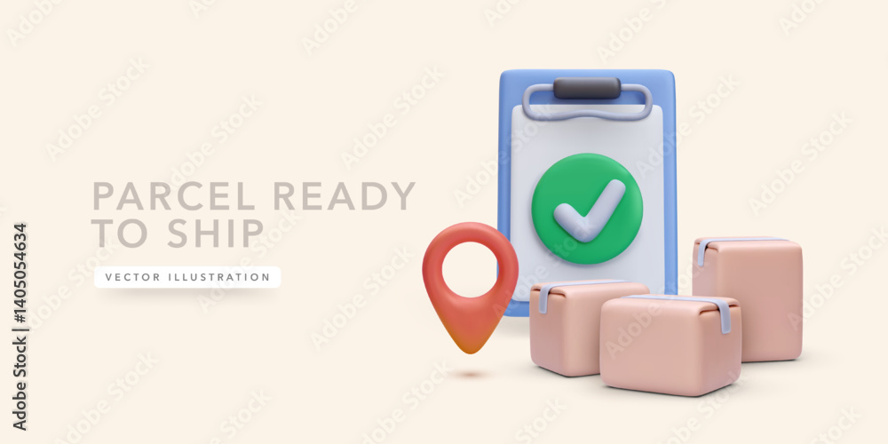 Poster shipping confirmation with clipboard, location pin and parcel boxes representing order approval and 