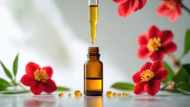 Herbal remedies featuring Camellia essential oil with a pipette and floral backdrop