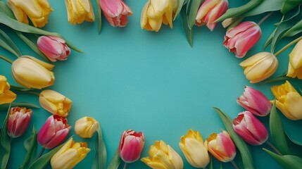 Top View of Colorful Yellow and Pink Tulip Bunches on Teal Background