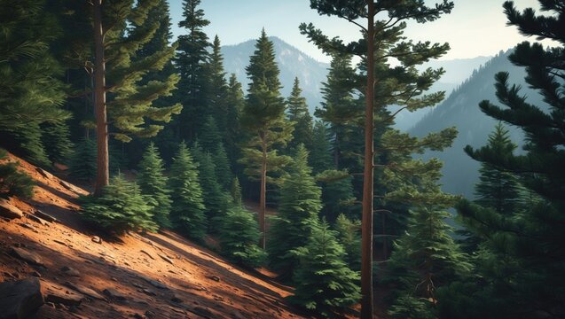 Cedar tree amidst the mountain forest peaks
